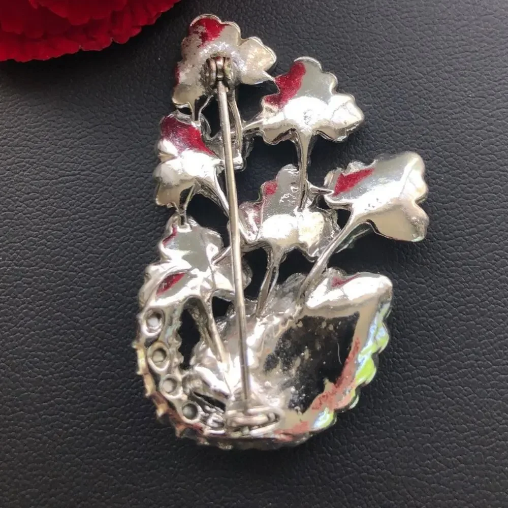 Vintage Brushed Silver Tone Aurora Borealis Brooch Leaf
